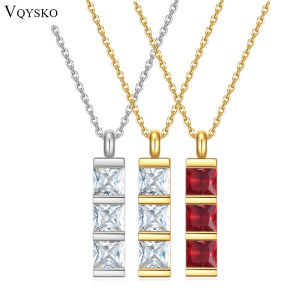 VQYSKO Gold Color Stainless Steel Square Of Brand Clear and Red Shape CZ Pendant Necklaces for Women Party Jewelry