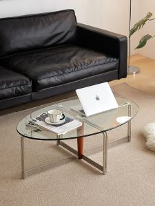 Scandinavian Middle-Ancient Glass Coffee Table Small Apartment Living Room Home Tempered Oval Minimalist Tea Table Stainless Steel Small Coffee Table