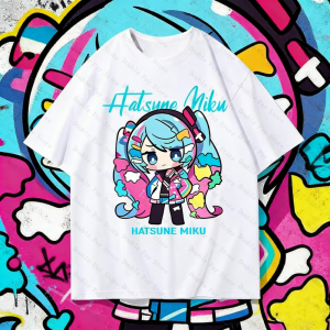 Bandai | Japanese Anime Hatsune Miku Mens Shirts Woman t-shirts Harajuku Street Casual Fashion Cotton Short-sleeve Soft and Breathable