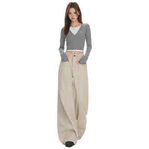 High Waist Wide Leg Crop Classic Blue Workwear Denim Pants for Women Summer Casual Comfortable Breathable Loose Fit