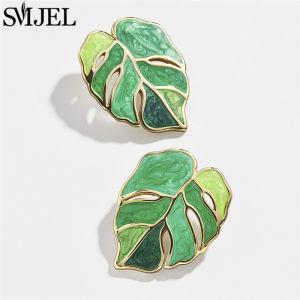 SMJEL Enamel Green Pink Leaf Pendant Earrings for Women Modern Jewelry Exaggerated Leaves Earring 2024 Bridesmaid Gift Wholesale