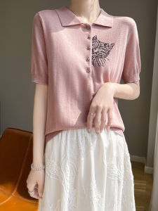 เสื้อโปโลผู้หญิงผ้าขนสัตว์เนื้อบาง แขนสั้น ลายแมว แฟชั่น ทรงสลิม แขนสั้น แขนครึ่งตัว ทรงเข้ารูป เสื้อผ้าทำงาน