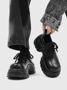 Niche Style Paris Thick Sole Derby Shoes Mens Height Increasing Full Black British Platform Shoes Leather Shoes Black Warrior Sports Dad Shoes Tide