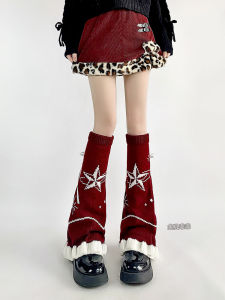 Christmas New Year Red Leg Warmers Womens Sweet Bow Knot Knitted Mid-Calf Socks Lolita Style Thickened Four Seasons Suitable