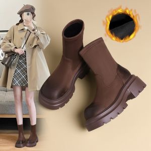 BROWN FUR LINED LEATHER MARTIN BOOTS WOMENS WINTER THICK HEEL ELASTIC SHORT BOOT SLIM BOOT MERRELL COUNTERPARTS Fashion Boots