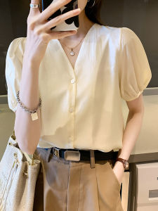 AMILUCK | Womens Short Sleeve White Shirt V-neck Loose Versatile Simple Design Korean Style Bubble Sleeve Commute Fashion Polyester Blend