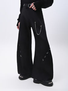 YIFAN Mens Black Wide Leg Pants Asymmetrical Knife Design Heavy Metal Hanging Chain Loose Fit Versatile Casual Trousers