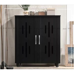 EGO Shoe Cabinet 2 Door Solid Board Shoe Rack Black Color Multi Purpose Cabinet Pelbagai Fungsi Kabinet Hitam