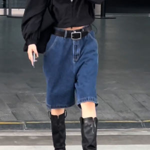 Loose Straight Leg Denim Shorts Womens Summer New Vintage High Waist Slimming Wide Leg Pants Small Size Five-Quarter Length