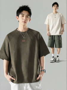 Wood soon | Trendy Vintage Patchwork Suede Solid Color Loose Crew Neck Mens Summer Short Sleeve T-Shirt