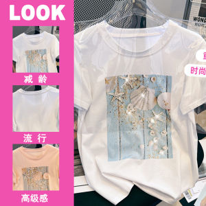 Big Sale Leak-Picking First-Line Brand Counter Shopping Mall Withdrawn Label Cut Womens Clothes Summer Heavy Industry Beads Short Sleeve T-shirt Top