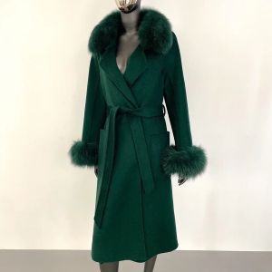 Áo Khoác Lông Cáo Thời Trang Nữ Mùa Đông Cổ Lông Cáo Thật Tự Nhiên Áo Khoác Len Ấm Áp Có Dây Lưng Điều Chỉnh Phong Cách Đường Phố Cao Cấp