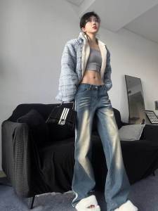 Quần Jeans Denim Ống Rộng Cạp Cao Kiểu Dáng Thẳng Phong Cách Mỹ Retro Xanh Cổ Điển Cho Nữ Mùa Thu Quần Dài Dài Đến Sàn