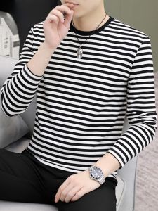 ROMON | Lormen Mens Striped Sweatshirt Casual Long Sleeve T-shirt Spring Autumn New Style Inner Wear Base Shirt Trendy Mens Top