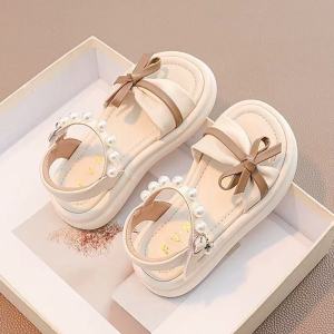 Princess Style Girls Sandals Soft Bottom Beach Shoes Summer Genuine Leather Childrens Footwear Anti-Slip Low Cut Slip-On