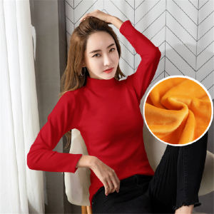 Fleece Lined Thick Long Sleeve Womens Base Shirt Autumn Winter New Style Warm Red T-Shirt Slim Fit Inner Wear Chinese Zodiac Year