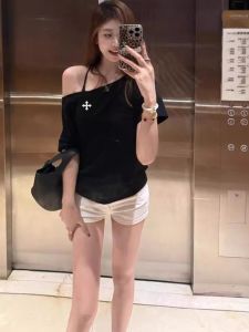 American Style Spicy Girl Shoulder Bared Black Chic Short Sleeve T Shirt Women Summer High Street Loose Fit Design Unique Top