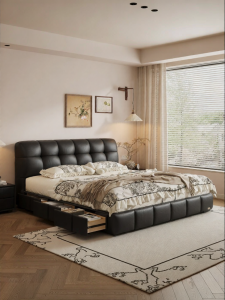 Puff Leather Double Bed Retro Cream Style With Storage