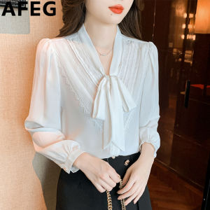 AFEG solid color Korean version V-neck bow fashion loose temperament chiffon patchwork lace long sleeve blouse