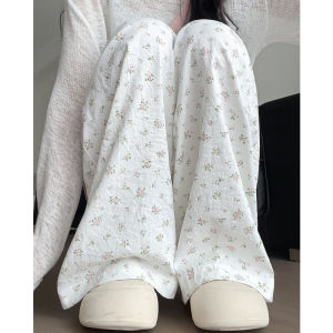 High Waist Loose Wide Leg Pants Womens Floral Patterned Sembach Autumn New Style Casual Loose Feeling Narrow Version White