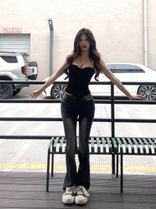 High Waist Denim Jeans Korean Style Retro Wash Elastic Micro Flared Slimming Long Pants for Women Casual Wide Leg Pants