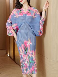 Elegant Pleated Batwing Sleeve Dress Fashionable Print Large Size Long Dress Spring Summer Autumn New Arrival Womens Fashion