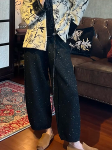 MANMI | Quần Dài Ngố Sequin Đen Cao Waisted Chất Liệu Nỉ Dày Size Nhỏ Cho Nữ
