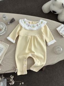 Bộ Áo Liền Quần Dài Tay Cổ Búp Bê Màu Vàng Nhạt Dễ Thương Cho Bé Gái Bộ Áo Liền Quần Mềm Mại Cho Trẻ Sơ Sinh Trang Phục Hàng Ngày 0-1Y Polyester Viscose