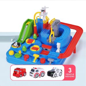 Bus truck kids cartoon bus Adventure Car Race Rail Track Toy【3cars】 City Rescue Educational Puzzle Playsets Kids Boy Mainan Kereta Pengembaraan dinosaur toys mainan dino恐龙玩具