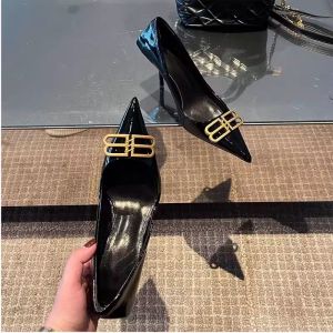 Black Patent Leather Pointed Toe High Heels Womens Fashionable Versatile Autumn Winter Low Cut French Style Single Shoes