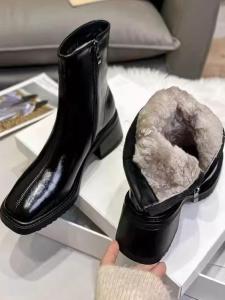 Real Leather Martin Boots Womens Thick Heel Short Boot Lamb Fur Snow Boots Winter Warm Rubber Sole Commute Style Square Toe