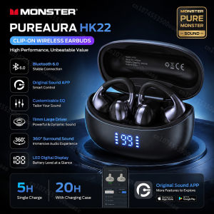 Monster | Monster PureAura HK22 Ear Clip Earbuds 360° HiFi Stereo Bluetooth 6.0 Earphone TWS Wireless Sport Ear Buds with APP EQ Equalizer