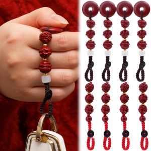 【Pphha】2PCS Natural Cinnabar Zodiac Car Keychain Chinese Style Lucky Phone Chain Bag Pendant Peace Buckle Zodiac Hanging Ornament Jewelry Men Women Gift