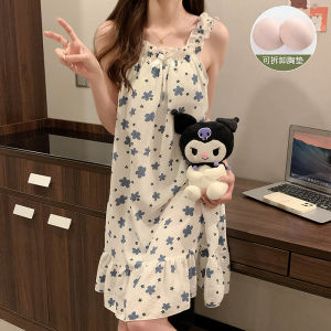 DSF Studio fairy style thin polyester cotton suspender nightdress female summer breathable can wear girl loungewear sleeveless square collar medium and long