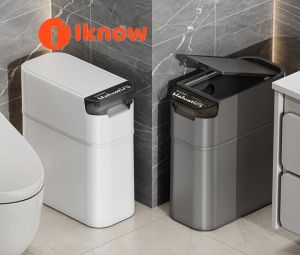 I know Slim Press-Type Trash Can with Lid - High-Capacity Stylish Design for Home Use (Bathroom Living Room Kitchen)