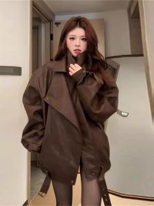 Fashionable Retro High Street Leather Jacket Womens Spring New Loose Slimming Motorcycle Leather Vest Top Trendy