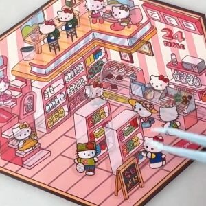 Cartoon Micro Scene 3d Cabin Decompression Collage Landscape Stickers Hand Account Book Materials Decoration Techniques Diy Small Stickers Cute Cartoon Irregular Non Cutting Blue Pattern Stickers