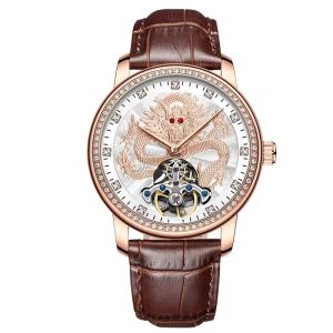 AILANG | AILANG 8313 Men Golden Dragon Embossed Automatic Mechanical Watch Diamond Bezel Leather Strap Luxury Business Wristwatch