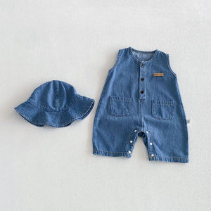 2026 Baby Summer Rompers 3-24M Loose Boys Clothes Thin Toddler One Piece Solid Color Girls Denim Overalls + Hat