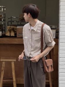 หลวม Fit Mens ลำลอง ลายทาง เสื้อเชิ้ตแขนสั้นห้าแขน ฤดูร้อน Fashion Sensation หลากหลาย Ins Style Youthful Standard Model