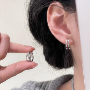 925 Silver Needle Simple Fashionable Plain Hoops Earrings Women Elegant Double Layer Circle Cold Style Ear Jewelry