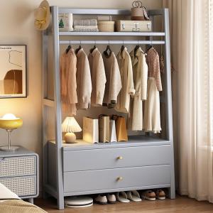 Solid Wood Clothes Hat Rack with Drawer Floor Standing Bedroom Nightstand Integrated Storage Multi-Functional Organizer Rack