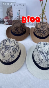 หมวกสานชาย ทรงไมเคิ้ลแต่งลายต้นมะพร้าว สินค้าพร้อมส่งจากไทย B101