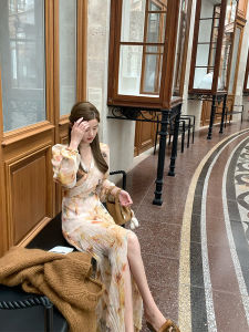 Váy Hoa Tay Đèn Lồng Madofit V-neck Mùa Thu Phong Cách Thường Ngày Váy Dài Tay Dài Chất Liệu Polyester Váy Nữ