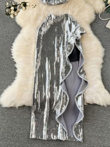 Bộ Sequin Sang Trọng Áo Croptop Và Váy Bộ 2 Món Kỳ Nghỉ Bán Thân Cho Phụ Nữ Trẻ Từ 18-25 Tuổi Mùa Xuân 2024 Bộ Sưu Tập