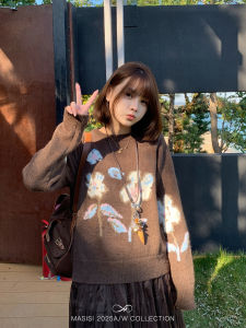 MASISI | Winter Vintage Brown Floral Round Neck Long Sleeve Loose Slimming Plus Size Sweater