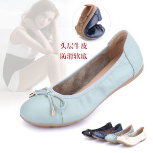 Cowhide Flat Shoes Leather Low-Cut round Head Soft Bottom Womens Shoes Non Slip Middle-Aged and Elderly Mom Shoes Driving Shoes Shoes for Four Seasons