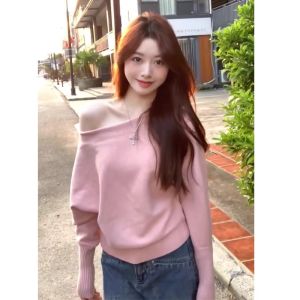 PEIXI | Pink Soft Style Knitwear Female Autumn Korean Fashion Loose Crop Top