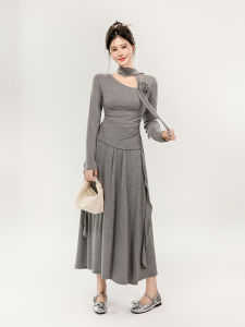 French Style High Waist Slim Fit Long Sleeve Asymmetrical Skirt Set Elegant Folded Waist Design Perfect for Autumn Fashion