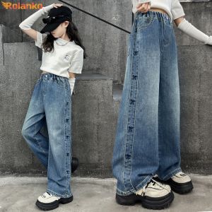 Rolanko Kids Girls Denim Wide-Leg Pants Fashion Bow Embroidery Baggy Jeans Elastic Waist Trousers Daily Casual Wear Bottoms 4-14 Years